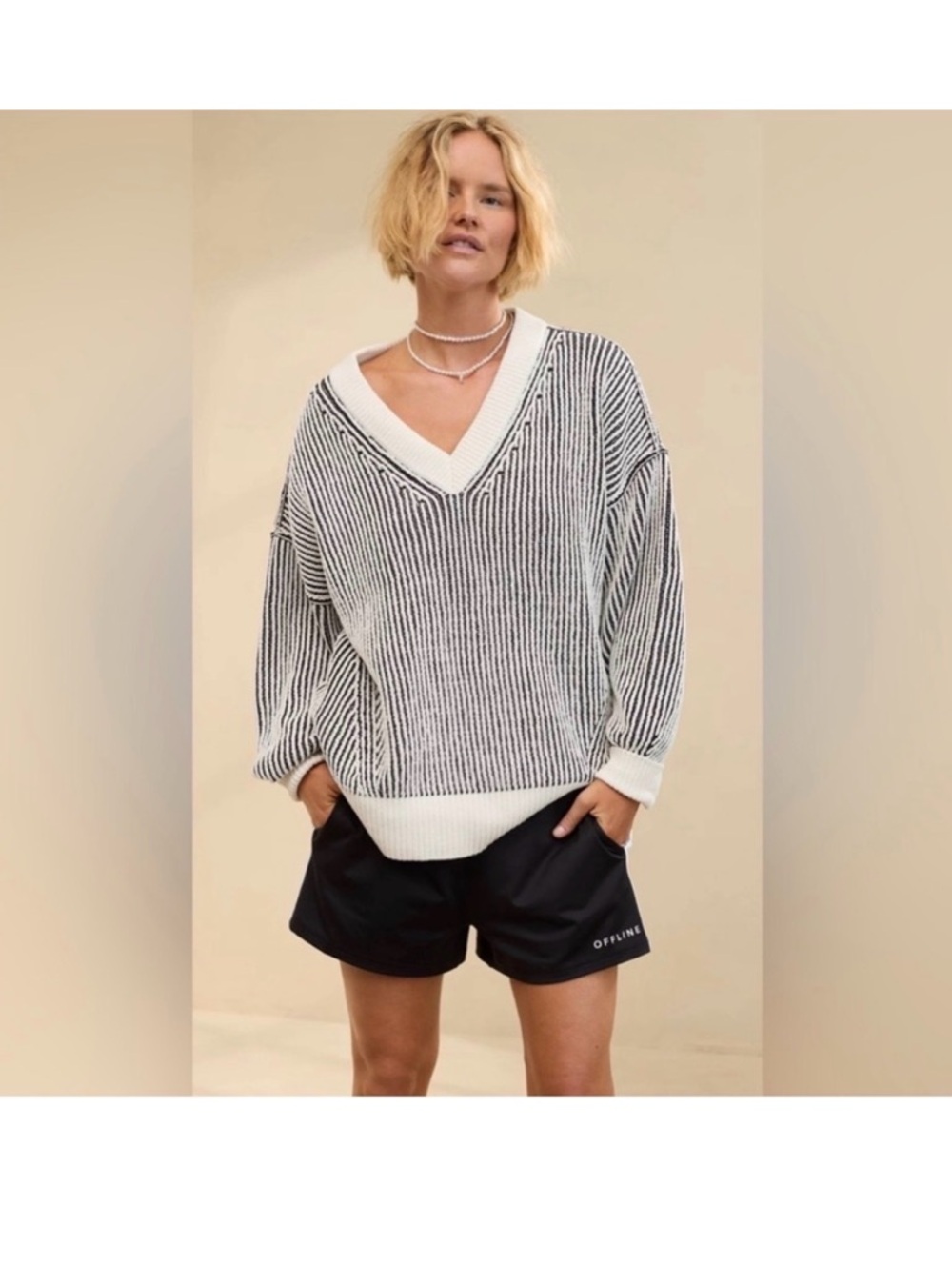 aerie Black and White Striped V-Neck Sweater